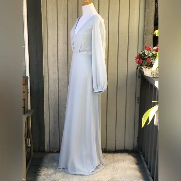 Amsale Flowy Chiffon Bow Back Long Sleeves Floor Length Light Blue Gown  size 4 - threedaughtersproperties.com